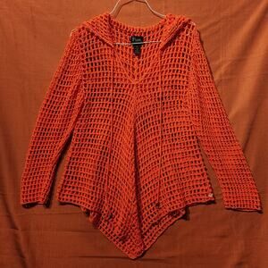 Pure Handknit Neon Orange Open Knit Size S/XS Hooded Poncho Festival Rave Top